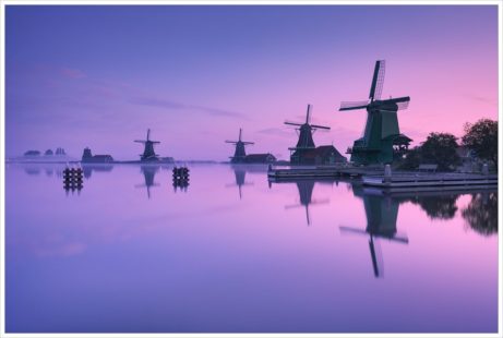 Větrné mlýny Zaanse Schans v ranní mlze - fotografický workshop Rozkvetlé jarní Holandsko