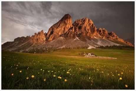 Bouřková atmosféra na rozkvetlé louce v průsmyku Passo Delle Erbe- fotografický workshop Rozkvetlé letní Dolomity